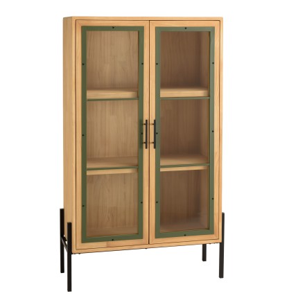 Vaisselier HELENA - 2 portes vitrées - Encadrement vert pin et métal noir