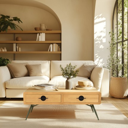 HELENA Coffee Table with 2 Drawers - Natural Pine and Green Metal Legs