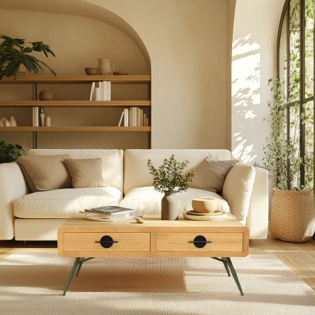 HELENA Coffee Table with 2 Drawers - Natural Pine and Green Metal Legs