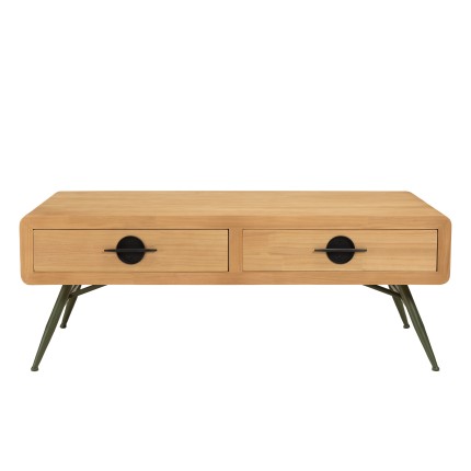 Table basse HELENA - Pin naturel 2 tiroirs métal vert