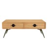 HELENA Coffee Table with 2 Drawers - Natural Pine and Green Metal Legs