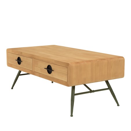 HELENA Coffee Table with 2 Drawers - Natural Pine and Green Metal Legs