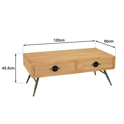 Table basse HELENA - Pin naturel 2 tiroirs métal vert