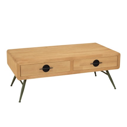 HELENA Coffee Table with 2 Drawers - Natural Pine and Green Metal Legs