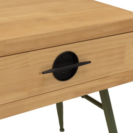 HELENA Bedside Table - Natural Pine with Green Metal Legs