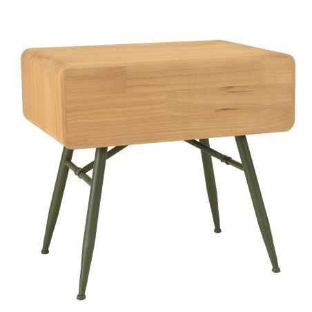 HELENA Bedside Table - Natural Pine with Green Metal Legs