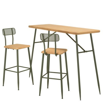 HELENA Bar Set - Pine & Green Metal - 1 Bar + 2 Stools