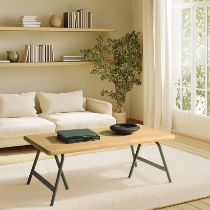 HELENA Coffee Table - Pine Top & Green Metal Trestle Legs