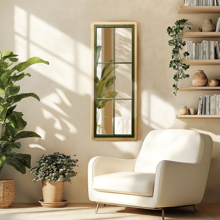 HELENA - Rectangular Glass Roof Style Mirror in Pine and Green Metal