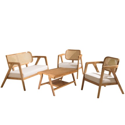Ensemble FLORES en teck - Canapé 2 p., 2 fauteuils, 1 table basse