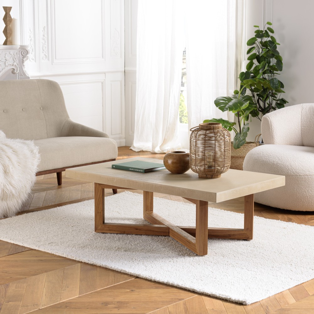 ERIS - Rectangular coffee table 120x70cm in beige concrete with crossed teak legs ERIS - Rectangular coffee table 120x70cm in beige concrete with crossed teak legs