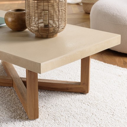 DAK - Table basse rect. 120x70cm en béton beige pieds croisés en teck