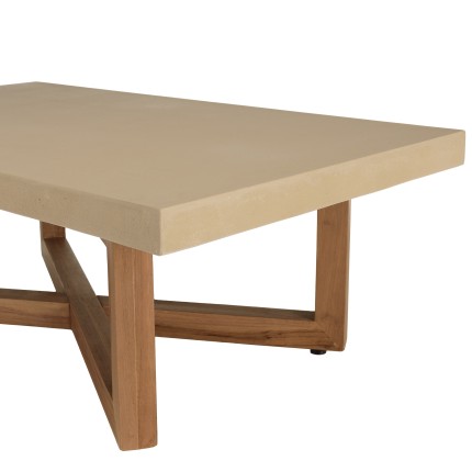 DAK - Table basse rect. 120x70cm en béton beige pieds croisés en teck