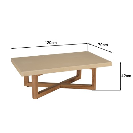 DAK - Table basse rect. 120x70cm en béton beige pieds croisés en teck