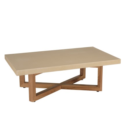 ERIS - Table basse rect. 120x70cm en béton beige pieds croisés en teck