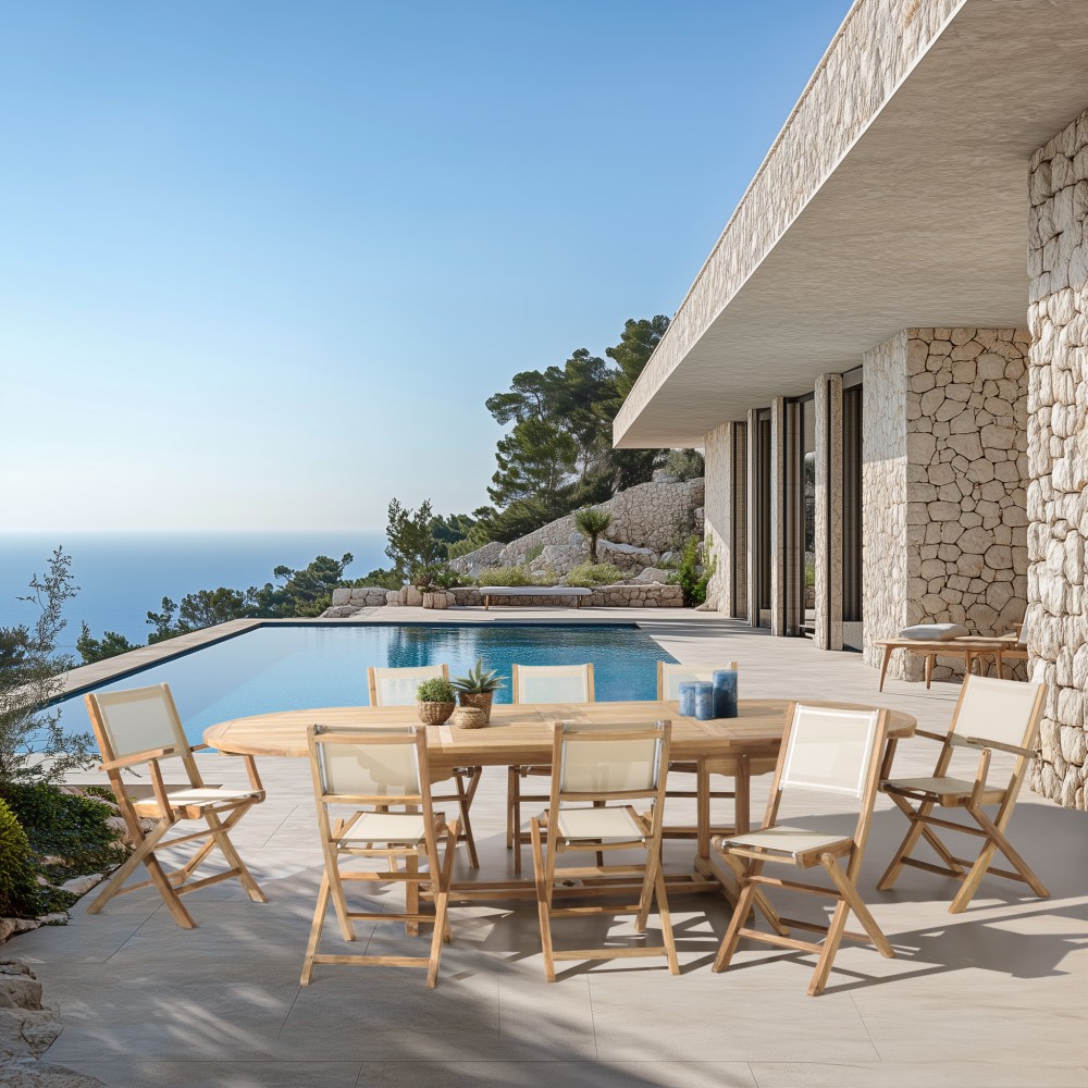 HARRIS - Lot No. 158 Teak and textilene garden furniture for 10/12 people HARRIS - Lot No. 158 Teak and textilene garden furniture for 10/12 people