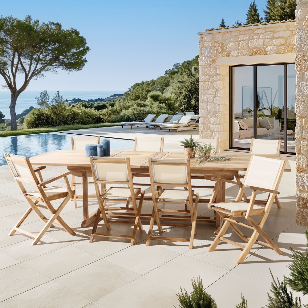 Teak and textilene garden set for 10 to 12 people Teak and textilene garden set for 10 to 12 people