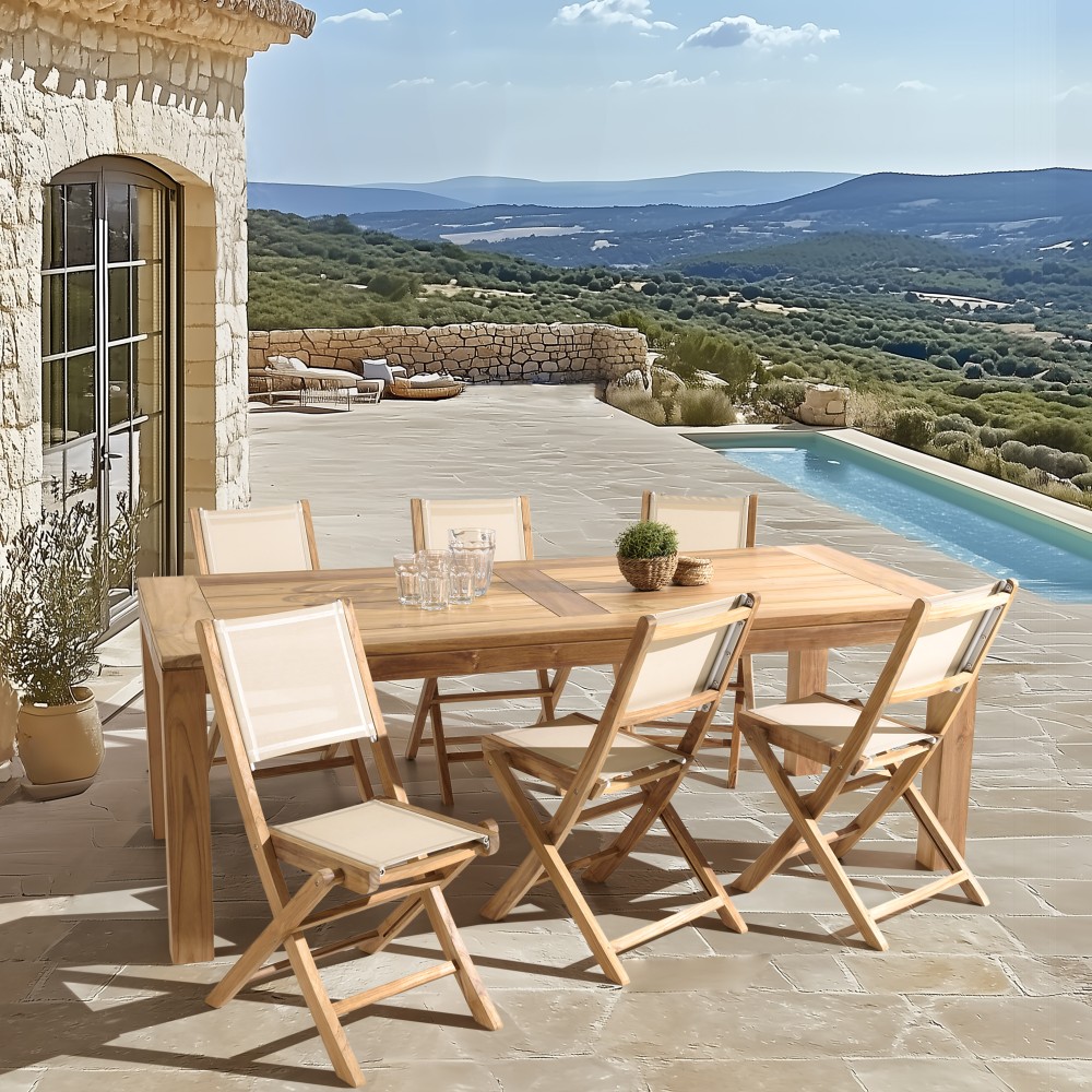 Teak and textilene garden set for 8/10 people FUN Teak and textilene garden set for 8/10 people FUN