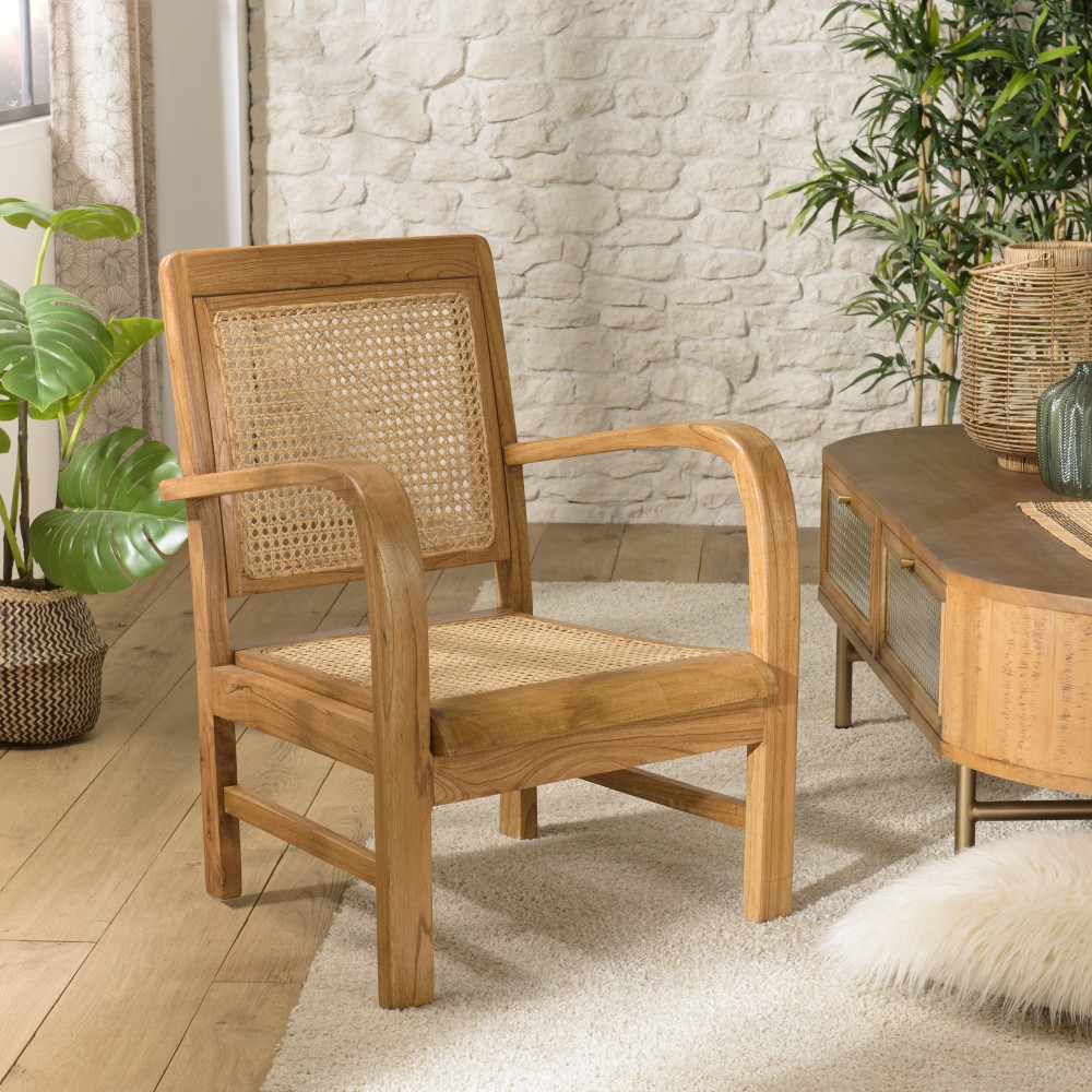 SECONDE MAIN - Fauteuil marron clair Mindi et cannage SECONDE MAIN - Fauteuil marron clair Mindi et cannage