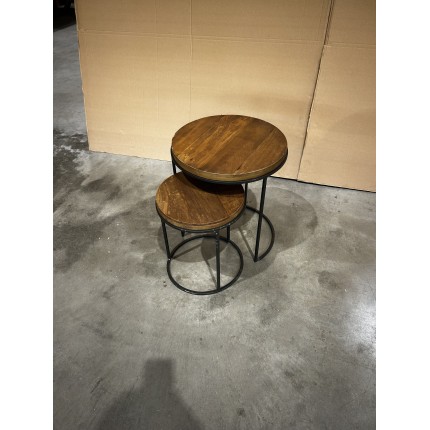 Set de 2 tables d'appoint rondes marrons Teck recyclé Acacia Mahogany pieds métal noirs