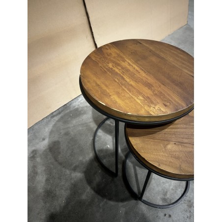 SIXTINE Set of 3 Round Brown Side Tables - Recycled Teak Acacia Mahogany Black Metal Legs