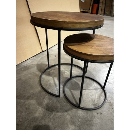 SIXTINE Set of 3 Round Brown Side Tables - Recycled Teak Acacia Mahogany Black Metal Legs