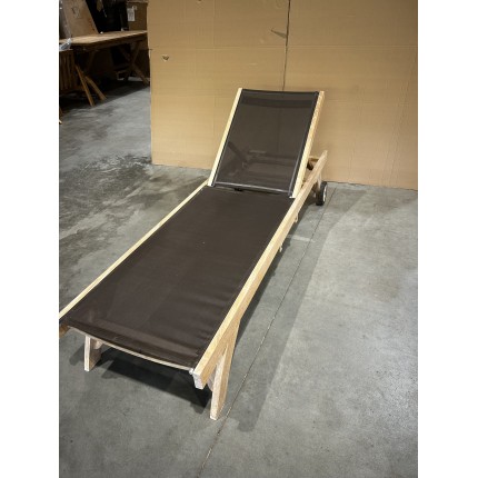 SECONDE MAIN - Bain de soleil textilène couleur taupe en bois Teck