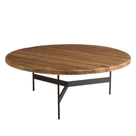 Round coffee table 90x90cm recycled pine wood and black metal legs - DANDY