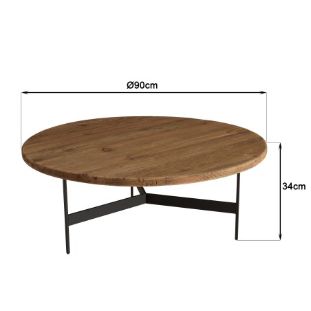 Round coffee table 90x90cm recycled pine wood and black metal legs - DANDY
