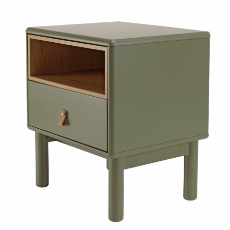 Green bedside table with 1 drawer and 1 shelf in natural wood ETHAN