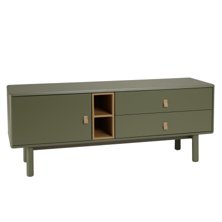 Meuble TV vert 1 porte, 2 tiroirs et 2 niches en bois naturel - ETHAN