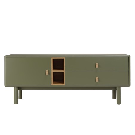 Meuble TV vert 1 porte, 2 tiroirs et 2 niches en bois naturel - ETHAN