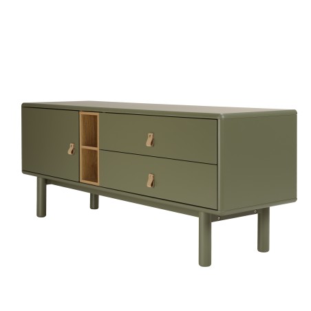 ETHAN - Green TV cabinet with 1 door, 2 drawers and 2 shelves in natural wood