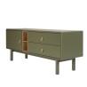 ETHAN - Green TV cabinet with 1 door, 2 drawers and 2 shelves in natural wood