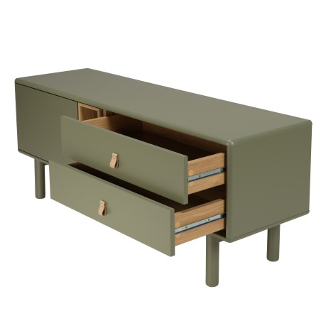 Meuble TV vert 1 porte, 2 tiroirs et 2 niches en bois naturel - ETHAN