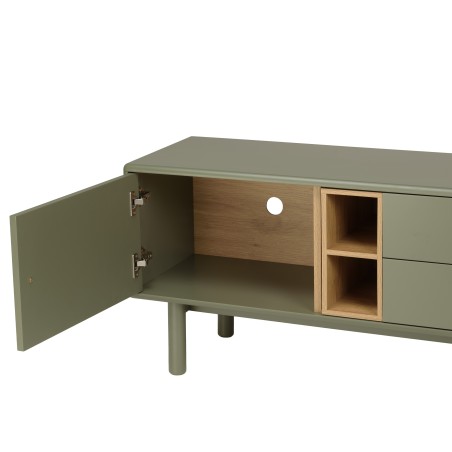 Meuble TV vert 1 porte, 2 tiroirs et 2 niches en bois naturel - ETHAN