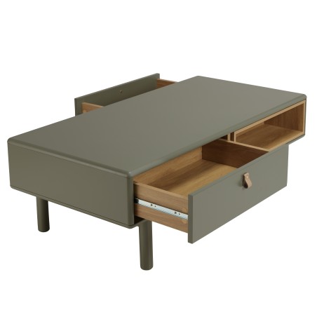 Green coffee table with 2 drawers and 2 compartments in natural wood - ETHAN