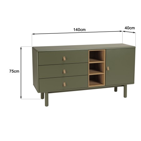 Buffet vert 1 porte 3 tiroirs 3 niches bois naturel - ETHAN