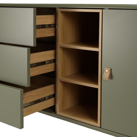 Green sideboard with 1 door, 3 drawers and 3 compartments in natural wood - ETHAN