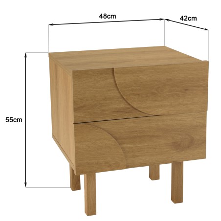 Natural-coloured bedside table with 2 drawers and rounded motif decoration - ETHAN