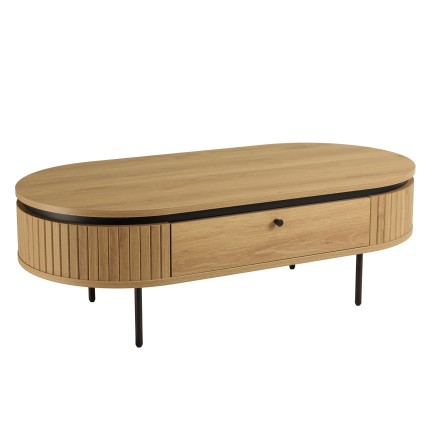 Natural-coloured rounded coffee table with 2 drawers - ETHAN