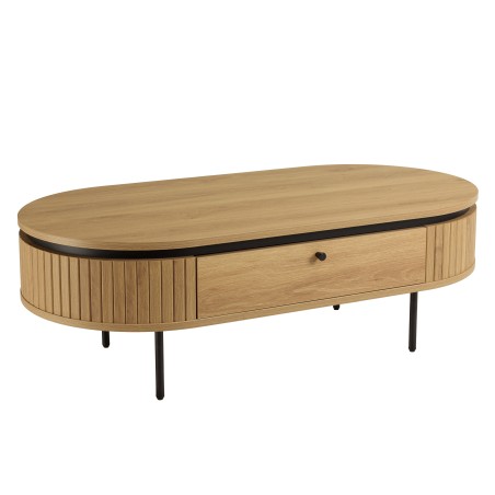 Natural-coloured rounded coffee table with 2 drawers - ETHAN