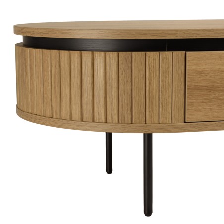 Natural-coloured rounded coffee table with 2 drawers - ETHAN