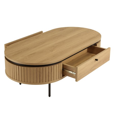 Natural-coloured rounded coffee table with 2 drawers - ETHAN