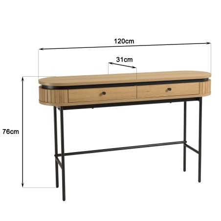 ETHAN - Console arrondie couleur naturelle 2 tiroirs pieds métal noir