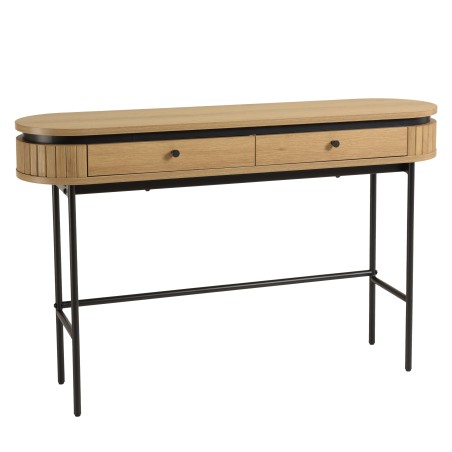 ETHAN - Console arrondie couleur naturelle 2 tiroirs pieds métal noir
