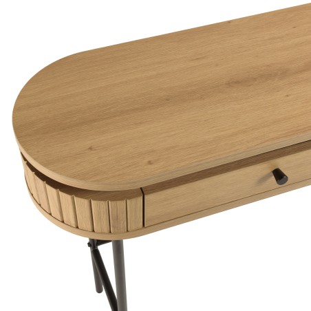 ETHAN - Console arrondie couleur naturelle 2 tiroirs pieds métal noir