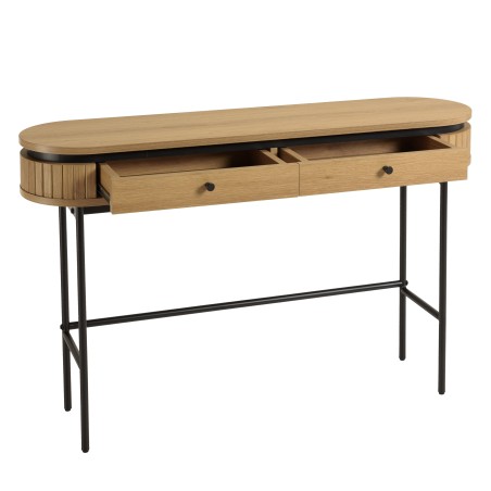 ETHAN - Console arrondie couleur naturelle 2 tiroirs pieds métal noir