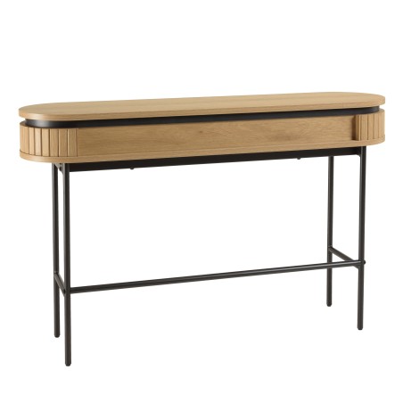ETHAN - Console arrondie couleur naturelle 2 tiroirs pieds métal noir