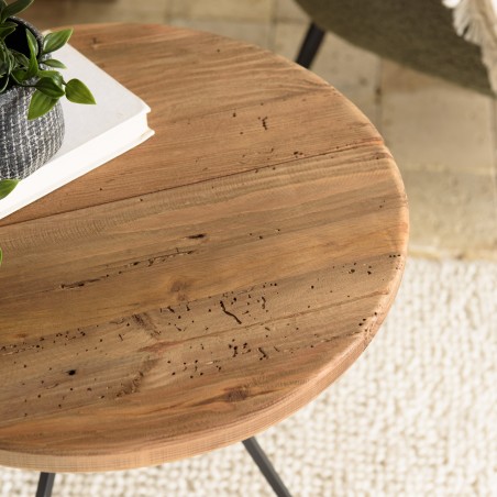 DANDY - Table basse ronde 70x70cm bois Pin recyclé et pieds métal noir